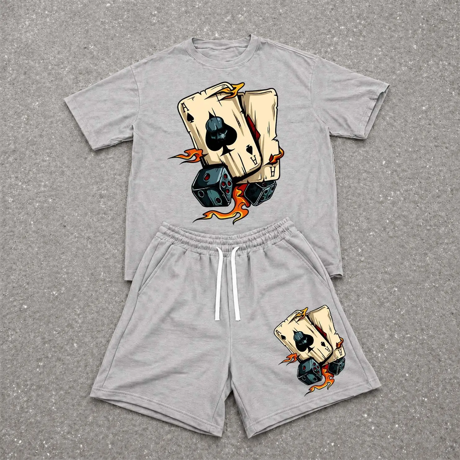 Men’s Summer 2 Piece Set, Steel Poker Flames Hiphop Street Style Letter Print Short Sleeve T Shirt and Drawstring Shorts Matching Outfit, Lightweight Breathable Casual Set for Travel, Streetwear, Beach, Vacation, and Daily Wear