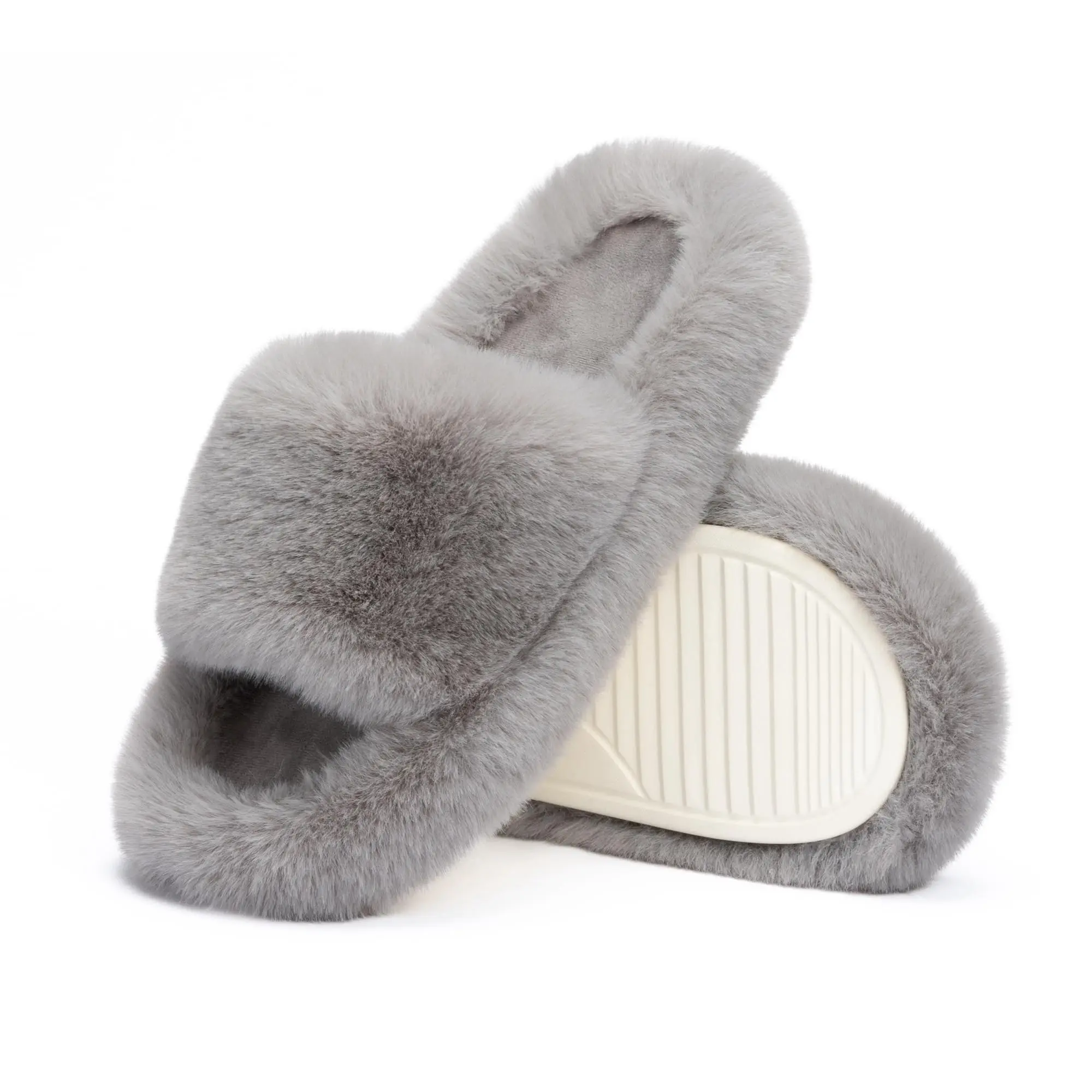 Chantomoo Fluffy Furry Slippers for Women Memory Foam Open Toe House Shoes Size 12 Blue Cozy Gift