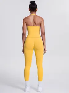 Women's Sports Suit, Stylish Activewear, Gym Wear, Neck Hanging Vest & Sports Pants 2-piece Set, Seamless Solid Color Fitness Suit, Running Training Pilates Set