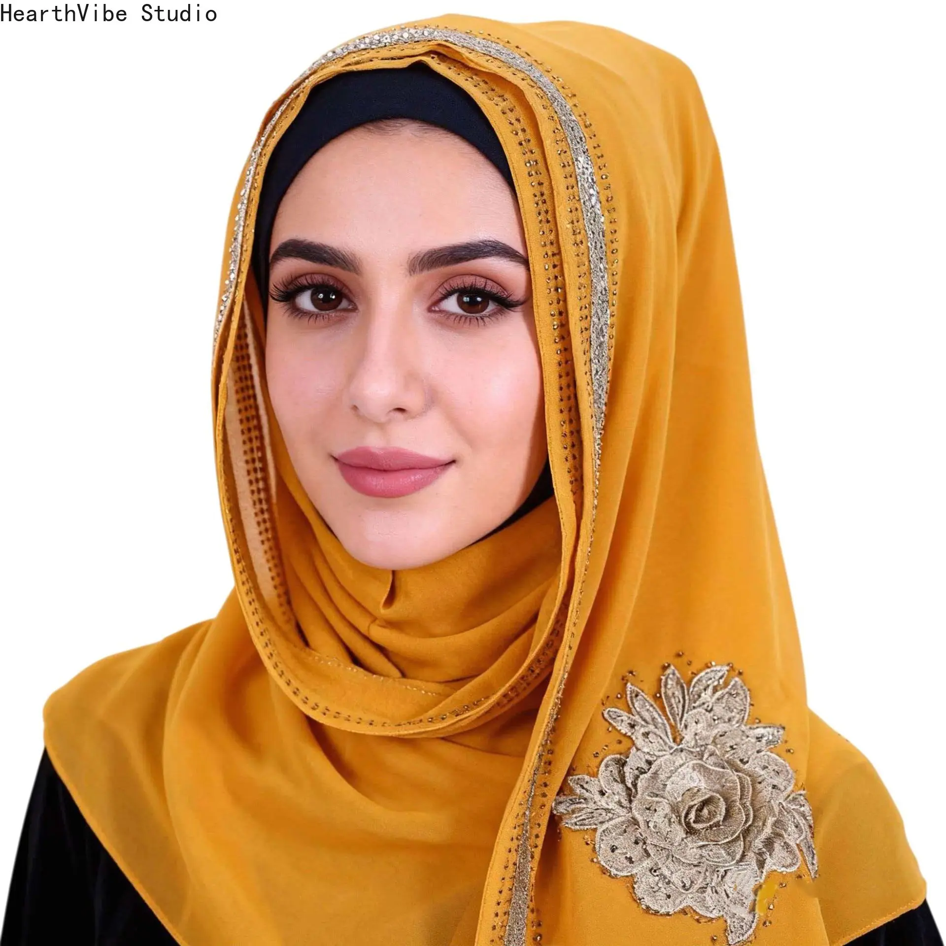 Mustard Yellow 3D Floral Embroidery Hijab - Luxury Rhinestone Border Chiffon Sporty Sports Headband, Soft Breathable Muslim Shawl for Wedding, Spring, Sporty Sports Headbands