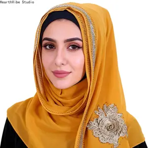 Mustard Yellow Elegant 3D Floral Embroidery Hijab - Luxury Rhinestone Border Chiffon Sports Headscarf, Soft Breathable Muslim Shawl for Wedding, Eid