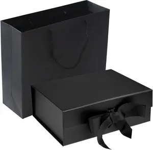 Black Luxury   Box with Lid, Ribbons and  Bag, Medium Size-9.4x7x3 Inches,  for Christmas,  Year, Wedding, Birthdays, Man