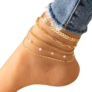 Summer Fashion 5-piece Pearl Anklet Women's Multi-layer