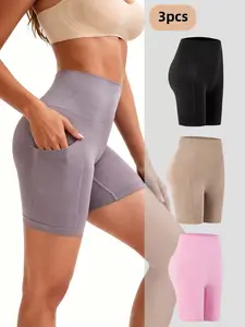 3-Pack Seamless High-Waist Pocket Design Women's Leg Sculpting Shorts, Tummy Control Butt Lift Sports Safety Pants