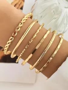 Women's 6pcs Plain Elegant Twist Alloy Trendy Stack Bangle, Stackable Bracelets, Casual All-match Jewelry for Girls Gift, Simple Classic Fashion Accessories for Daily Wear