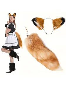 2 pieces - Set of artificial fur tail and headband, werewolf costume Halloween role-playing, cat, Wolf and fox ears, with fluffy tails, suitable for Halloween and Christmas role-playing parties