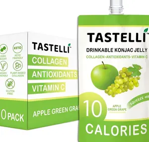 Tastelli Konjac Jelly Infused with Collagen & Vitamin C | Gluten Free, Sugar Free, Low Calorie | Vegan Drinkable Fruit Jelly Snack | Apple Green Grape | 150mL x 10 Pouches