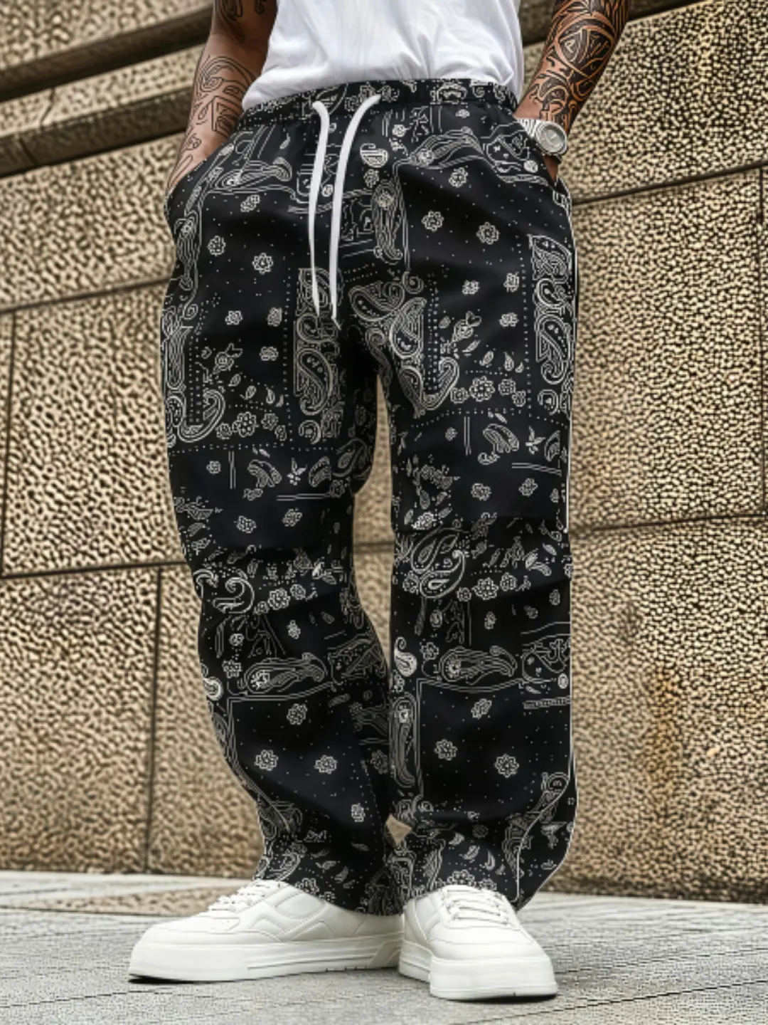 Men's Woven Oversized Paisley Bandana Print Wide-Leg Pants - Drawstring Elastic Waist, Casual Loose Boho Trousers with Pockets, Retro Hip Hop Menswear Bottoms Baggy Wide Leg Boho Festival Trousers Black