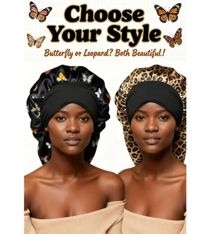 2 Pcs Satin Butterfly Print Bonnet, Long Sleep Cap Soft Silky Bonnet for Braids