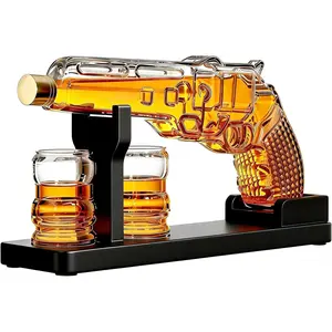 Whiskey Decanter Set 7.7 Oz with Two 1.6 Oz Shot Glasses | Pistol Gun Unique Birthday Gift Ideas For Son, Gifts for Men Dad, Home Bar Gifts, Drinking Accessories Funny Military Present Cool Dispenser