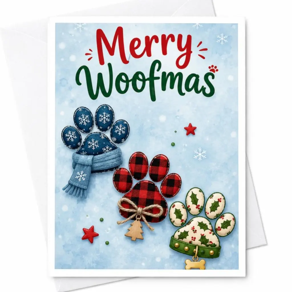 Merry Woofmas Christmas Card Dog Lover Holiday Greeting Card Cute Paw Print Festive Santa Hat Snowflake Card C4839