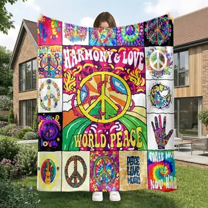 1pc Psychedelic Retro Art Patchwork Flannel Blanket Rainbow Tone Peace Sign and Love Slogan Print 70s Nostalgic Multi-Element Design Sofa/Living Room/Office/Long Travel Throw Blanket Thanksgiving Gift