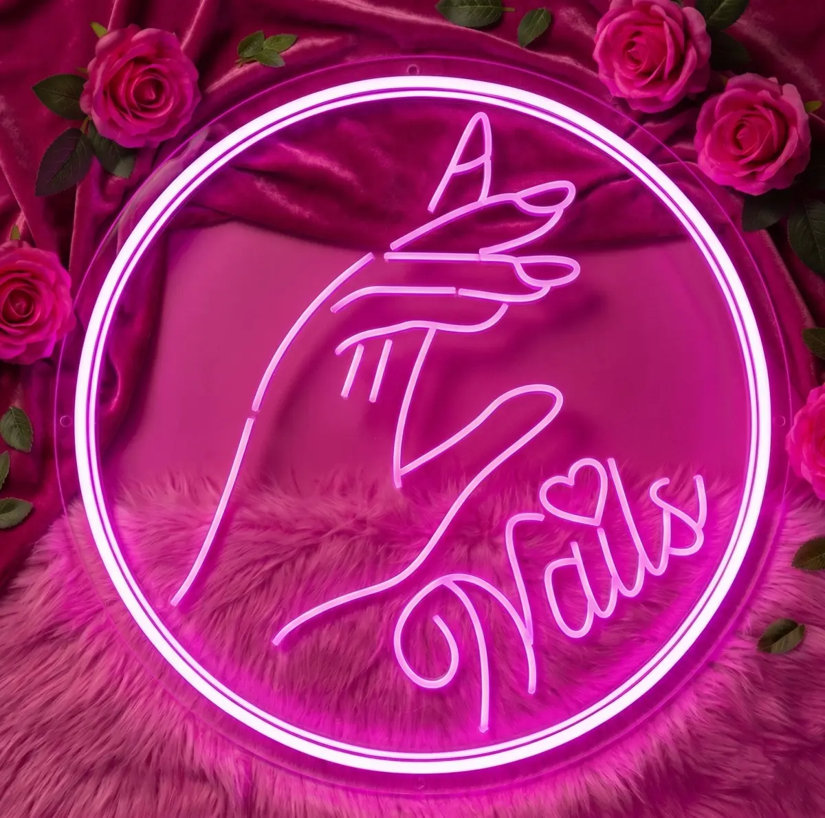 Pink Nails LED Neon Sign - Glamorous Hand Silhouette & Heart Design, Vibrant Glow Wall Decor Aesthetic for Beauty Shops, Manicure Business Room Decor