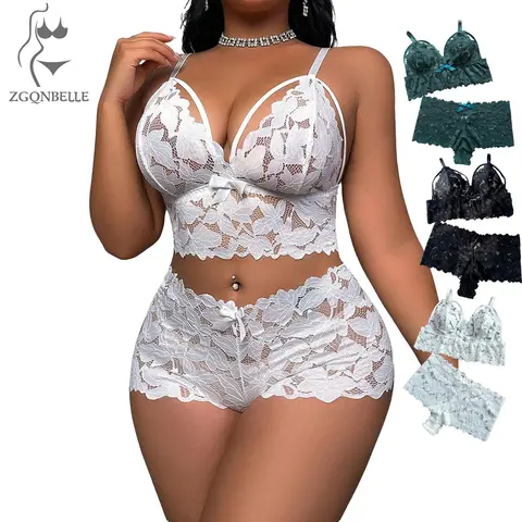 Women's Plus Size 2-Piece Lingerie Set - Corset-Style Teddy Bra, Adjustable Straps, Polyester Underwear, Floral Lace, Plant-Accent Design, Women's Sexywear for Birthday Party, Halloween, Romance