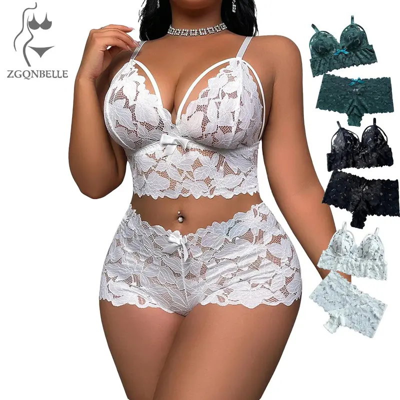 Women's Plus Size 2-Piece Lingerie Set - Corset-Style Teddy Bra, Adjustable Straps, Polyester Underwear, Floral Lace, Plant-Accent Design, Women's Sexywear for Birthday Party, Halloween, Romance