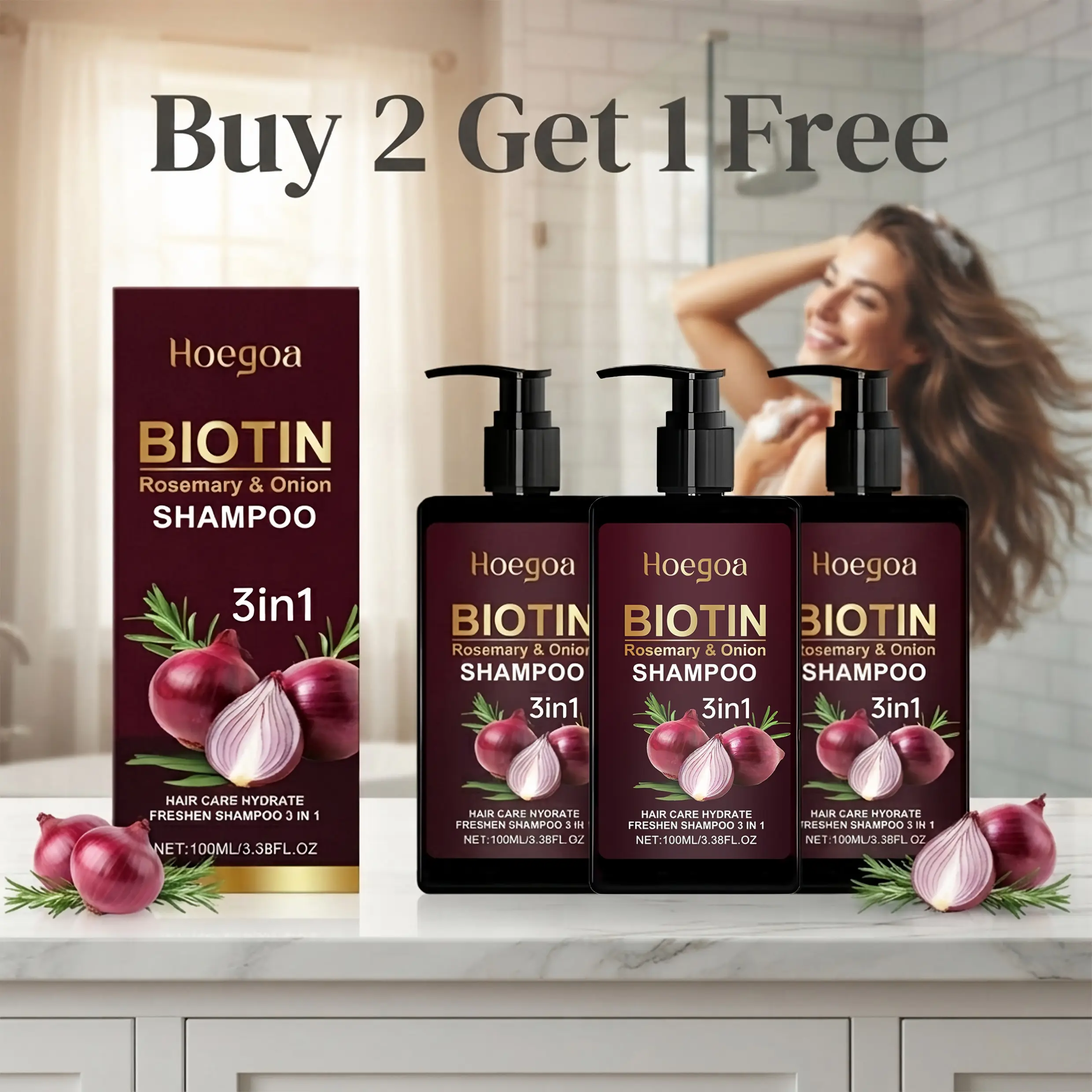 Hoegoa 3-Pack 3-in-1 Biotin Rosemary Onion Hair Growth Shampoo (3.38 fl oz, Buy 2 Get 1 Free) - Haircare Gentle Scalp Revitalizing Cleanser for Damaged & Sensitive Scalp, Deep Root Nourishing Formula Strengthens Thinning Hair, Delivers Silky Gloss Shine