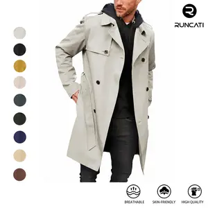 Runcati Men's Coat Double Breasted Trench Coat Long Lapel Business Jacket with Belt Father‘s Day Gift