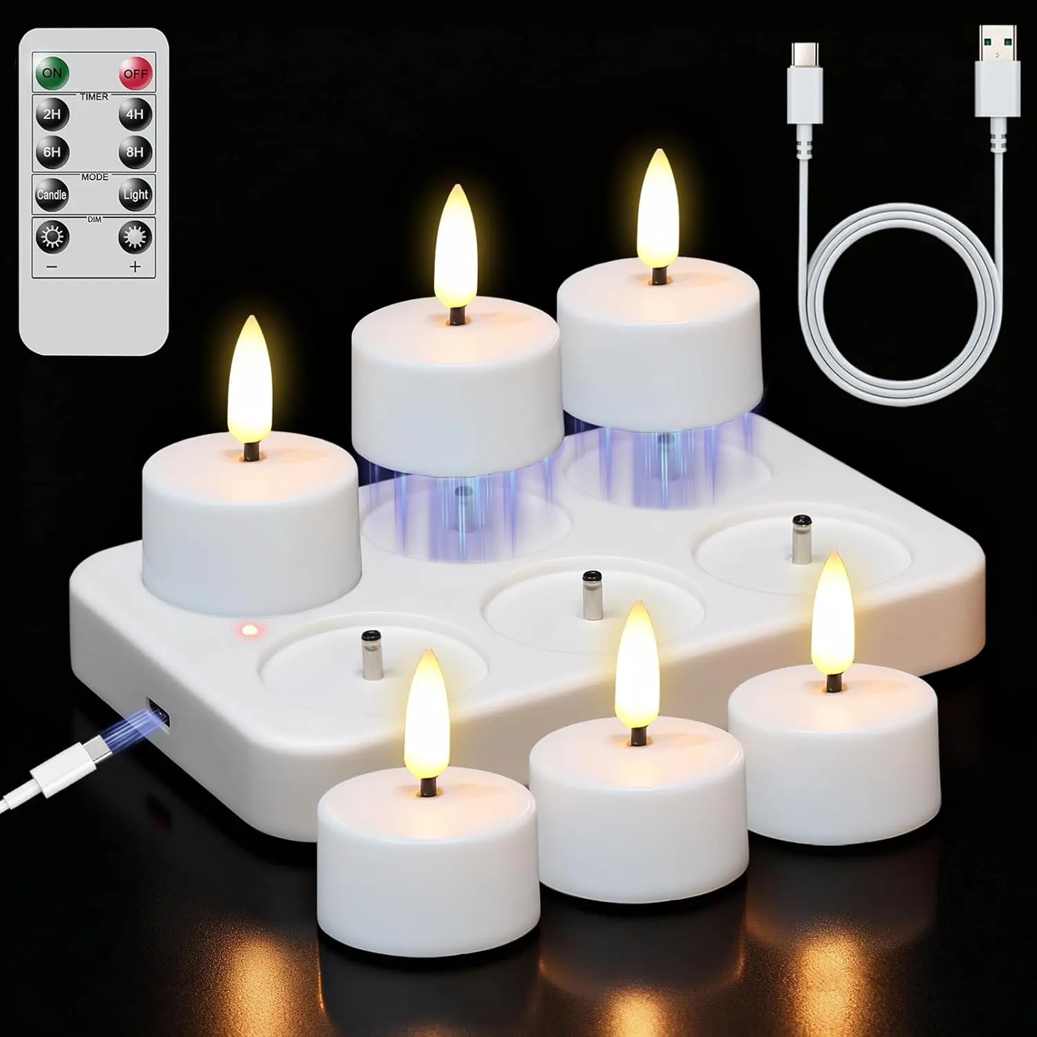 6 Pcs Rechargeable LED Tea Lights Candles - Recharging Candle Lights with Remote Control & Charging Base, Remote-Controlled Flameless Timer Tealights (1.57"x1.85", White) for Wedding, Christmas Decor, Remote-Controlled Candle Lights