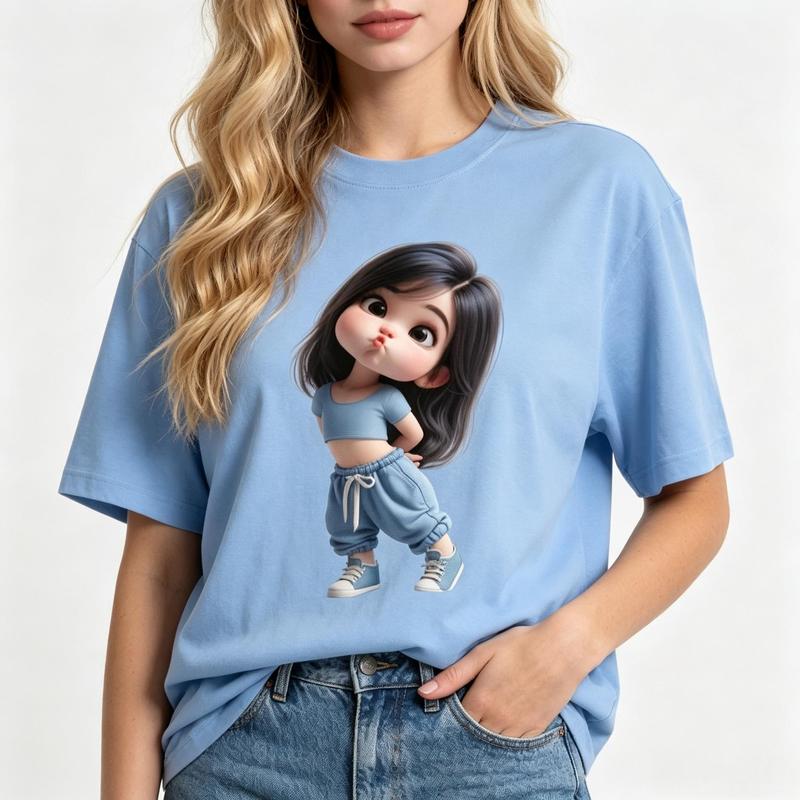 Women's Pure Cotton Soft Comfortable Fabric Crew Neck Short Sleeve T-Shirt - Breathable, Cute Cartoon Print, Loose-Fit Oversized, Y2K Aesthetic Streetwear for Summer Casual Beach Outfits