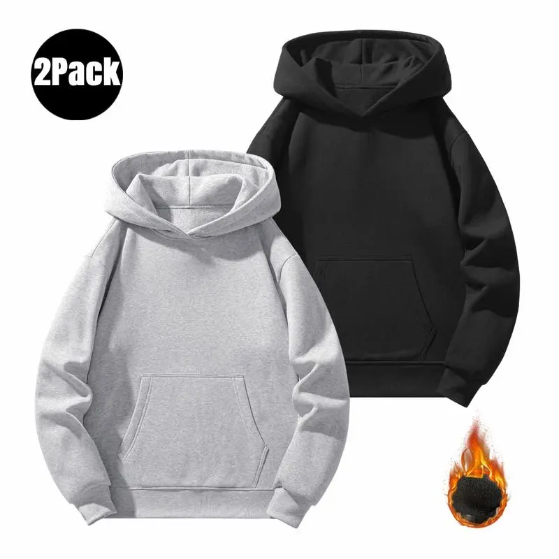 Men's 2-Piece Plain Long-Sleeve Fleece Hoodie Sweatshirt, Casual Top with Kangaroo Pocket, Autumn Winter Apparel, Christmas Gift, M, Fitted, Polyester, Preppy, Solid, Pullover