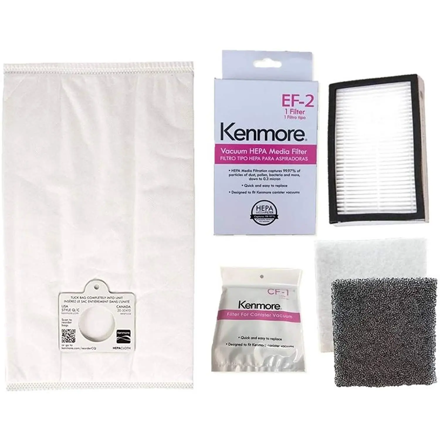 6 Kenmore 53292 Type Q / C HEPA Filtration Canister Vacuum Bags, 1 CF1 81002 Motor Chamber Filter, 1 K3040 EF2 86880 HEPA Exhaust Filter,For 200 400 Series
