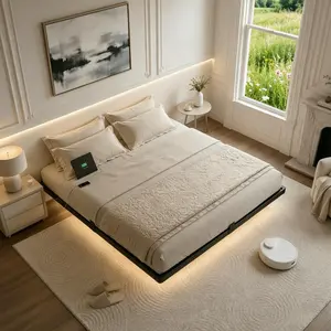 DAYAGO Modern Floating Bedframe - LED Light, Charging Station, Noise-Free Metal Design, No Box Spring Needed, Easy Set-Up, Full/Queen/King Size Metal Bed Frames Options