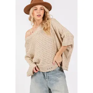 Lady's SAGE + FIG Cotton Fit Sweater, Distressed Asymmetrical Open-Stitch Stretchy Loose-Sleeves Casual Knitwear