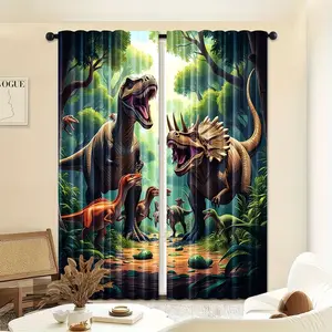 2-Piece Dinosaur Art Design Polyester Window Curtain, Vibrant Ancient Scene, Light-Filtering, Rod Pocket, Suitable for Bedrooms, Living Rooms, Offices