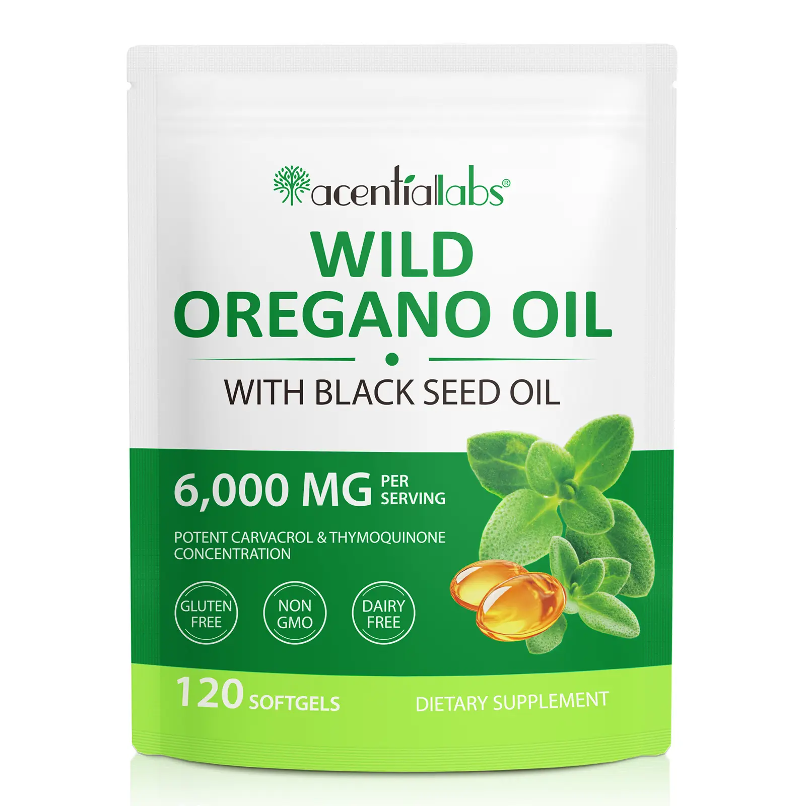 Acentiallabs Wild Oregano Oil Softgels, 2 in 1 6000mg Oil of Oregano with Black Seed Oil 200mg, Oregano Oil Supplement Capsules, Non-GMO, Gluten Free, 120 Softgel Capsules
