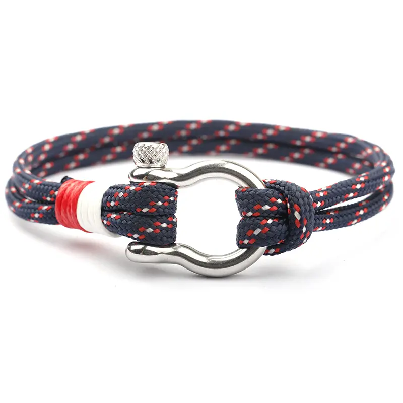 Nylon Paracord & PU Leather Bracelet W. Stainless Steel Anchor Shackle Clasp 8 Inches Versatile Durable