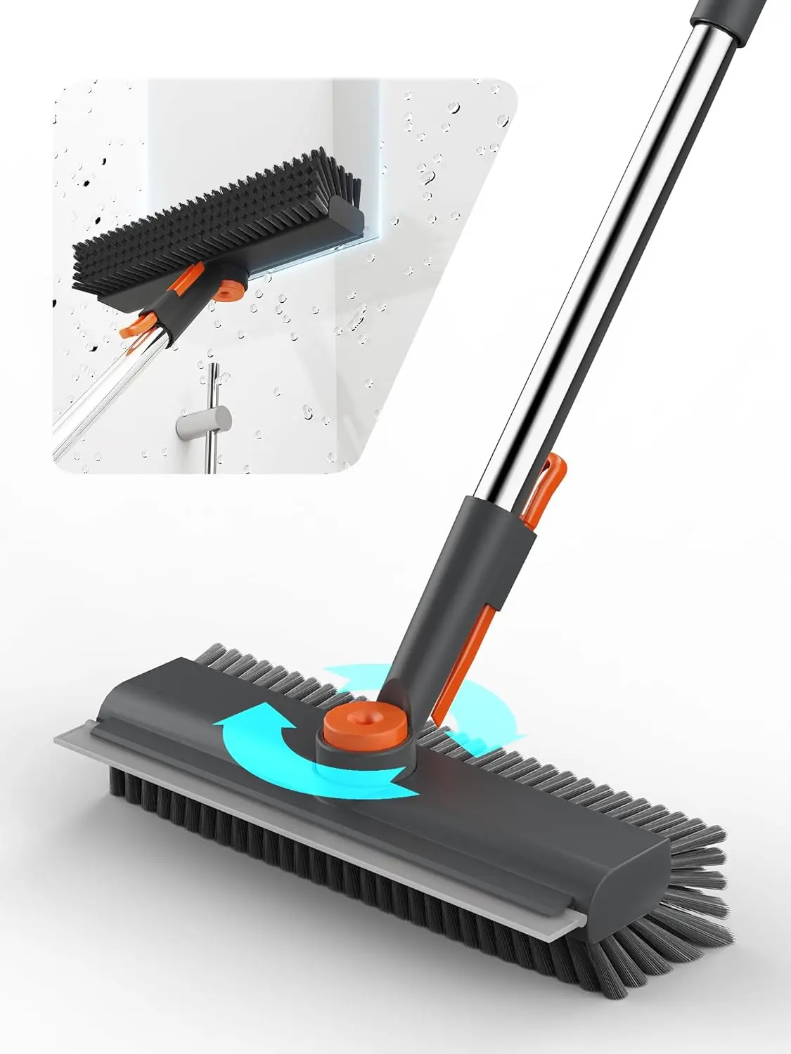 3-in-1 Floor Scrub Brush Cleaner with Long Adjustable Handle, 360° Rotating Bristles, Smooth Silicone Squeegee for Shower, Tile, Glass Cleaning Squeegee Scrubber Scrubber Squeegee Combo