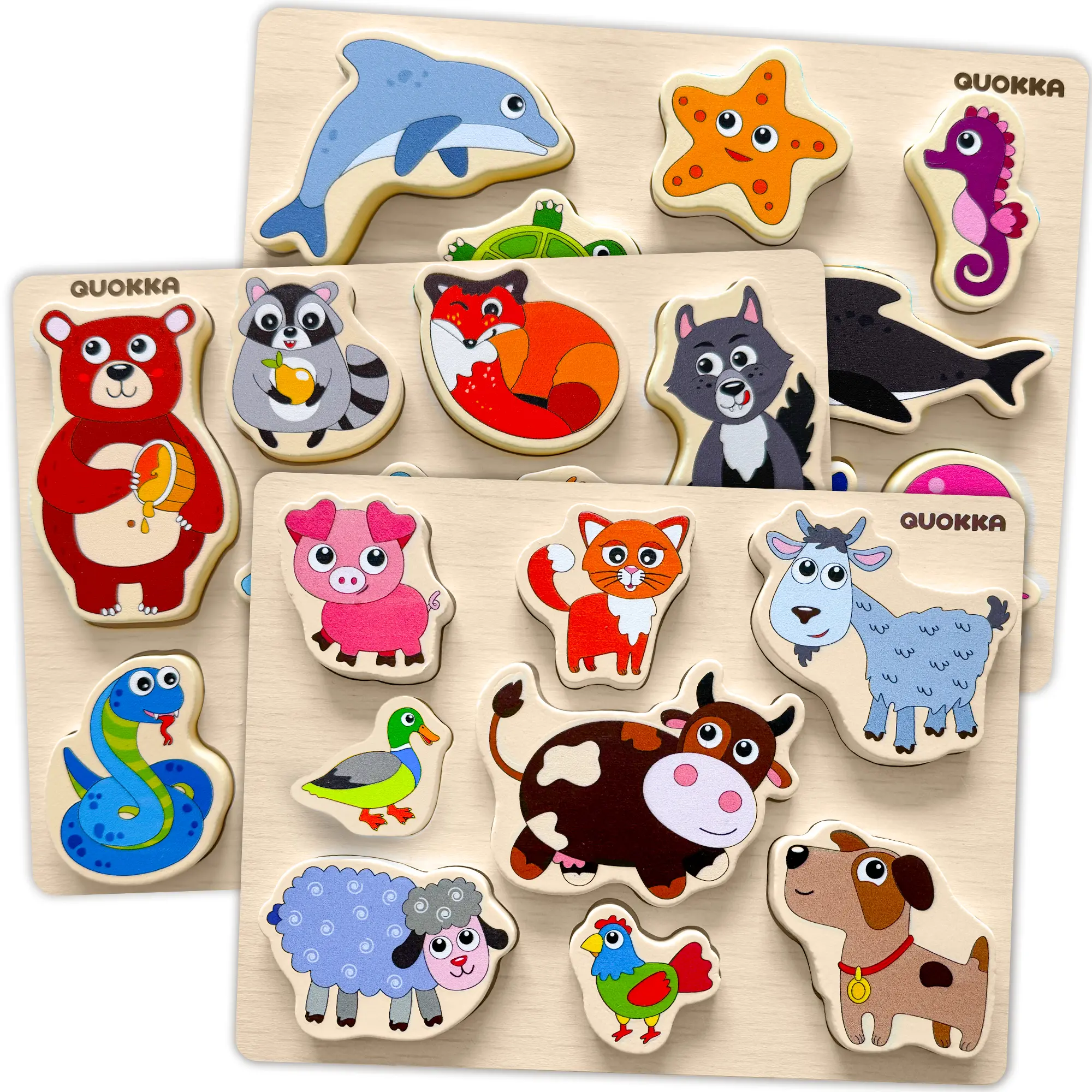 QUOKKA 3-Set Chunky Wooden Jigsaw Puzzles for Toddlers - Animal Shape Puzzles, Educational Learning Aid Toy, Wooden Jigsaw Puzzle, Animal Shape Puzzle