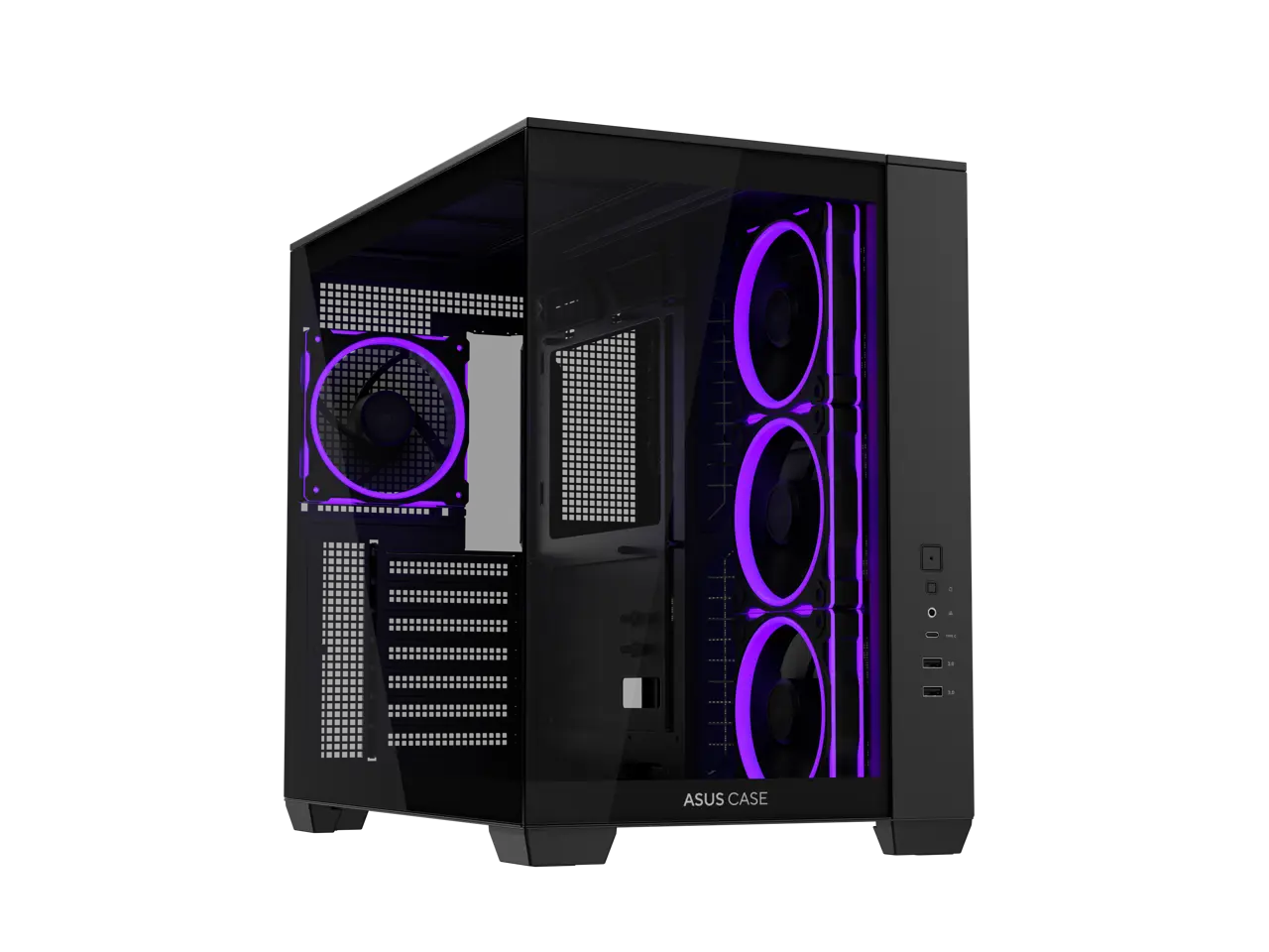 ASUS A32 PLUS Black ATX gaming PC case, support 360mm radiators and 420mm graphics cards, dual-chamber chassis for independent cooling zones, four pre-installed ARGB fans and clean cable management