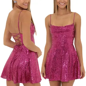 Women’s shiny sequin backless A-line mini party dress for summer—cocktail, beach, streetwear, formal, sleeveless; adjustable birthday fashion; polyester/spandex blend; ruched rose design