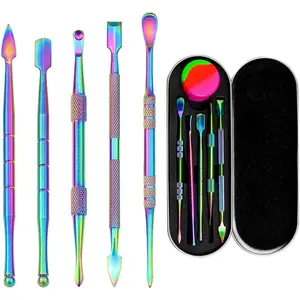 6 Pieces Wax Carving Tool Set, Double-Ended Stainless Steel Wax Sculpting Tools with 5ml Silicone Container Jar and Portable Metal Case for Wax Oil Clay Pottery, Rainbow Color