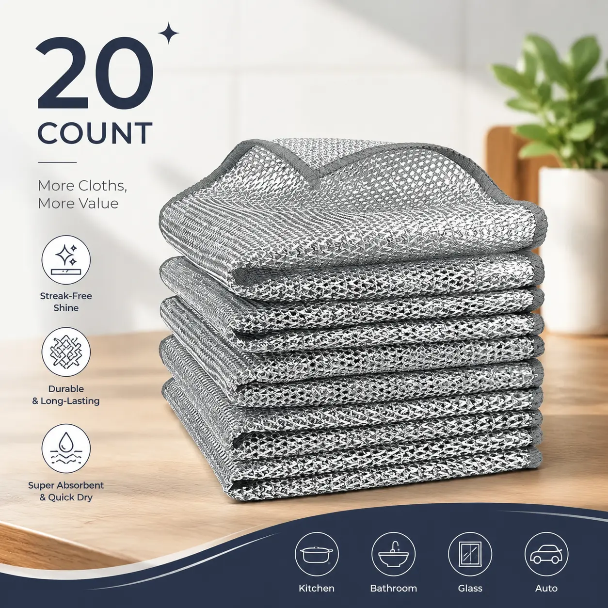 20pcs Wire Type Scratch Resistant Synthetic Polyester Cleaning Cloths Set - Durable Double-Layered, Precision Stitching Reusable Wipes for Household Daily Kitchen Sinks, Pans, Wet & Dry Use
