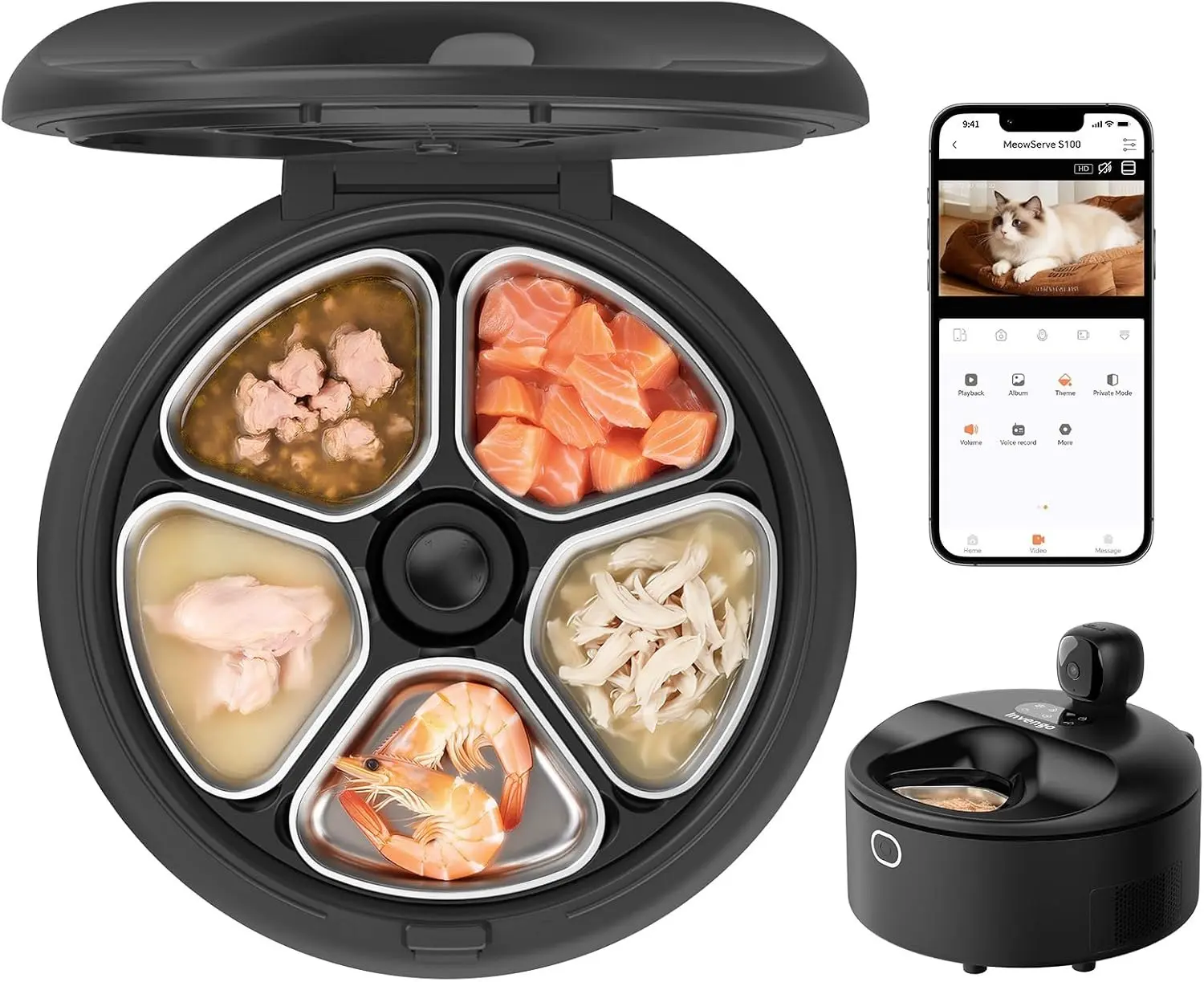 Automatic Cat Feeder, Refrigerated Wet Food Dispenser With WiFi Control, 5 Days Freshness, 5 Timed Meals, Quick Cooling, Heating Feeding dog medium-sized storage voice recorder ramascotas pet training