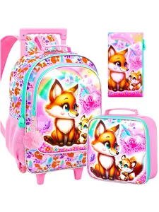 3PCS Girls Rolling Bookbag, Cute Kids Fox Wheeled Backpack Roller School Bag with Wheels for Elementary Preschool Travel, Rainbow Bag, Toddler Bag