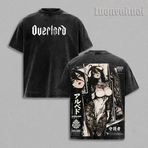 Albedo Overlord Anime Double Printed Vintage Washed Tee Unisex Oversize Anime Manga Washed Heavyweight Cotton T-shirt
