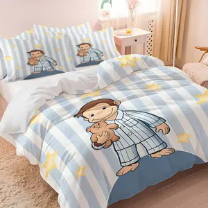 Curious George IP Full-Print Playful Cartoon Pattern Soft Duvet Cover And Pillowcase Set, Cartoon Printed Bedding, Includes One Duvet Cover And 1/2 Pillowcases, Does Not Include Filling. Suitable For Children, Students, And Cartoon Fans, Bedding Supplies