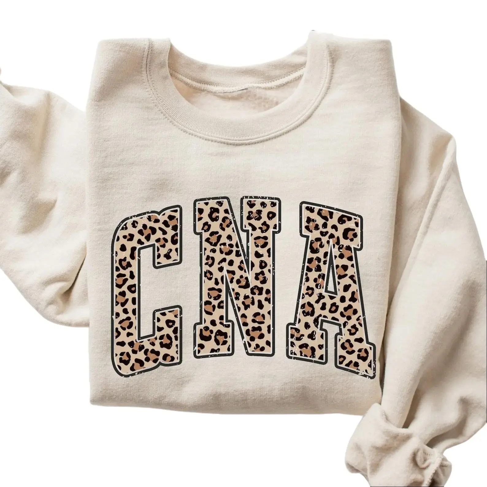 CNA Leopard Heart Graphic Sweatshirt for Nursing Assistants | Unisex Crewneck Pullover Made with Soft Air Jet Yarn, Stretch Fleece Fabric | Healthcare Worker Appreciation Gift, Love, Matching, Classic, Polyester, Ribbed