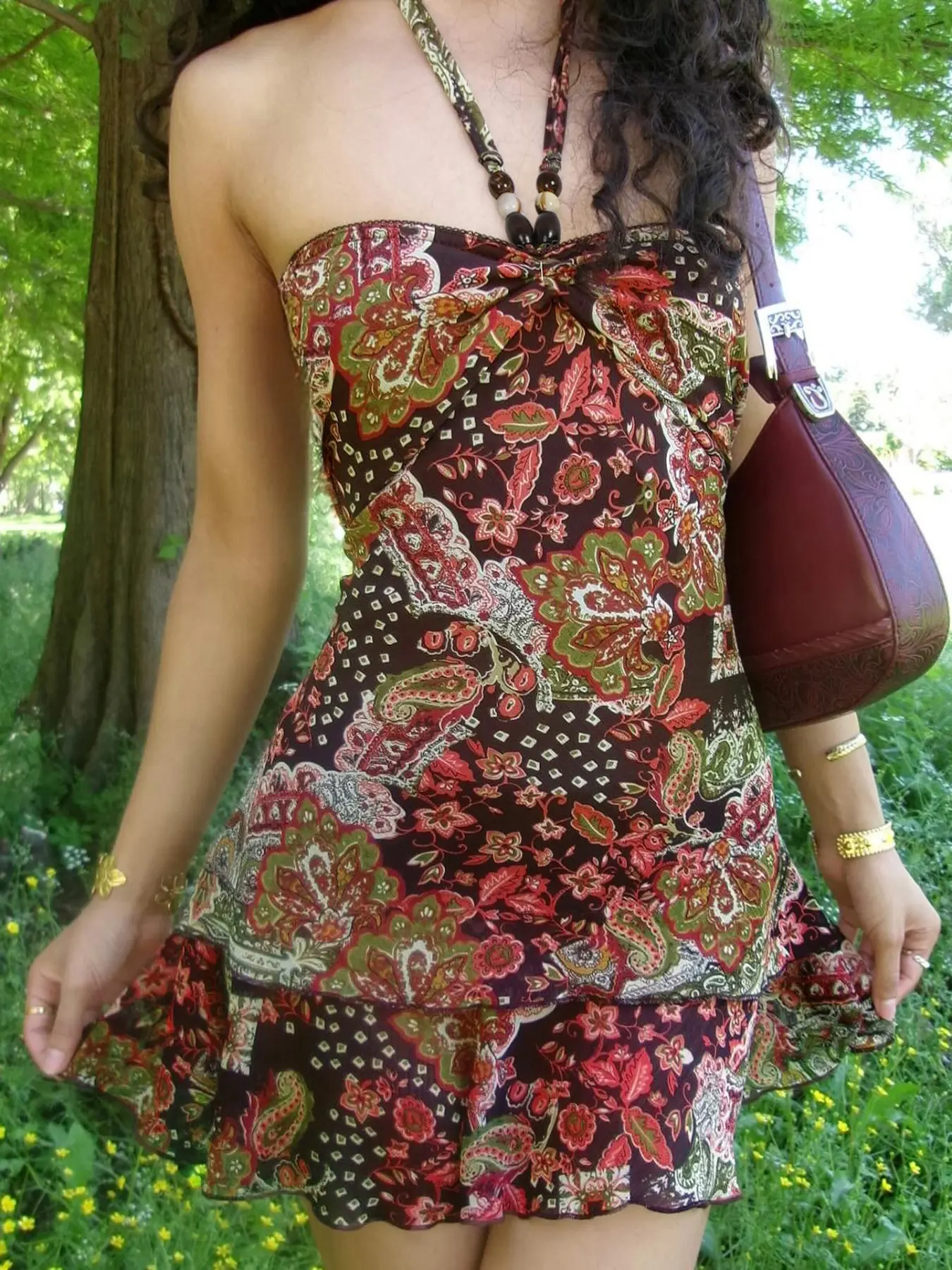 Bohemian Vintage Floral Print Beaded Halter Neck Tube Dress, Slim-Fitting Sleeveless Backless Summer Evening Gown, Stylish Holiday Wear, Halter Strap Dress, Floral Design Dress