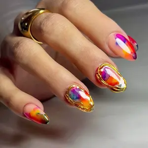 24 Piece Press-On Nails Set, Almond Shape Rainbow Gradient Fake Nails with 3D Golden Gel, Includes Jelly Glue and File