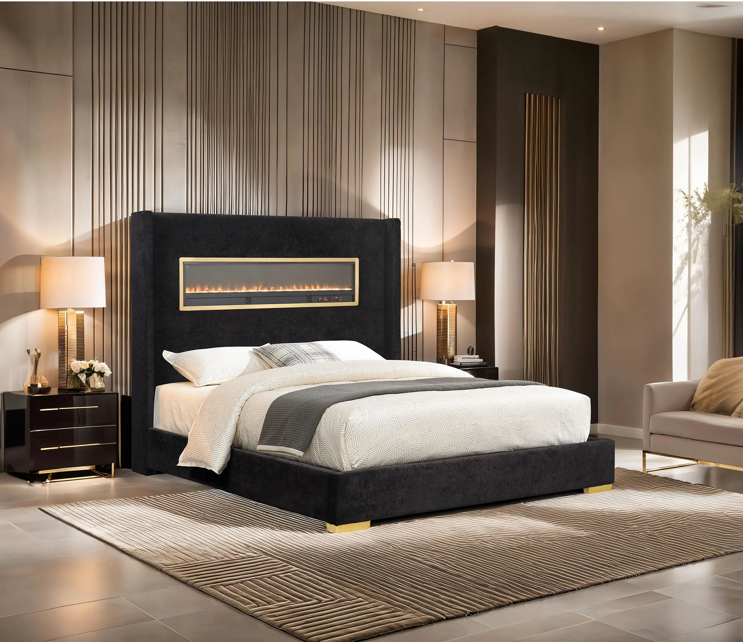 Manhattan Upholstered Modern Platform Bed with 3D 13-Color Flame Headboard, Bluetooth Music Audio, USB Charging Ports, Mattress-Ready Base