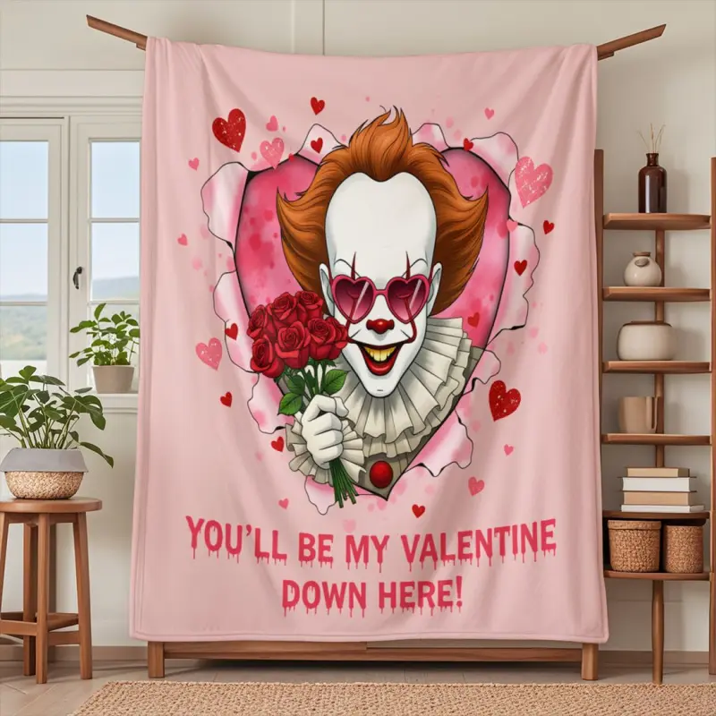 Valentine's Day Themed Rose Bouquet Blanket with Pennywise the Clown and Rose Design, Suitable for Bedroom or Living Room Decoration