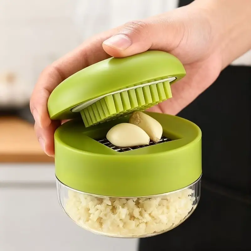 Manual Heavy-Duty Garlic Press and Slicer with Easy-Clean Cutting Board, Compact Handheld Design, Durable Dishwasher-Safe Plastic Kitchen Gadget, Manual Garlic Masher