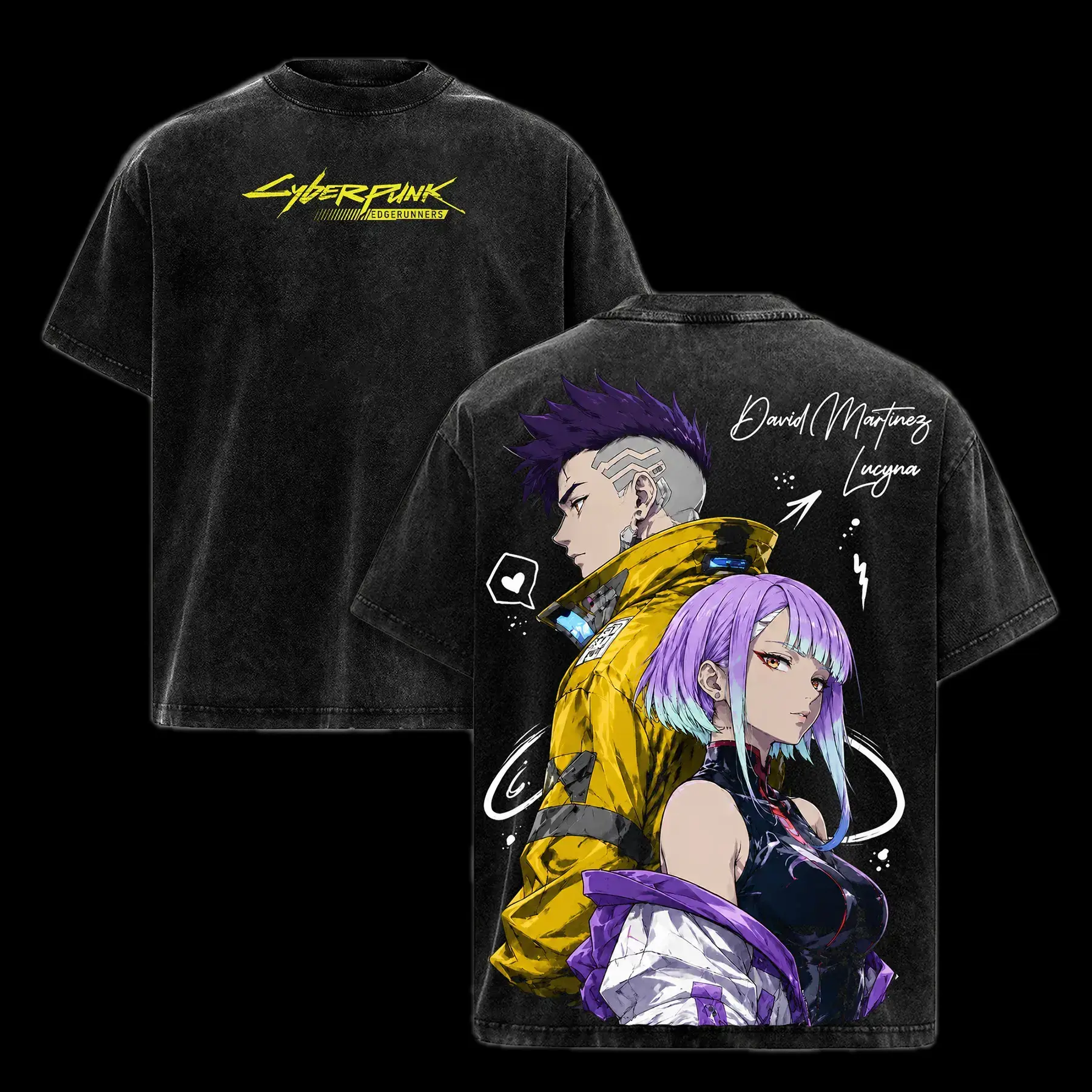 Cyberpunk Edgerunners David Lucy Graphic Tee Oversized Vintage Washed Double Printed Anime T-Shirt For Men Women Harajuku Streetwear Y2K Casual Top Gamer Otaku Cosplay Alt TikTok Trending Aesthetic Clothes Faded Acid Wash Retro Summer Graphic Outfit!