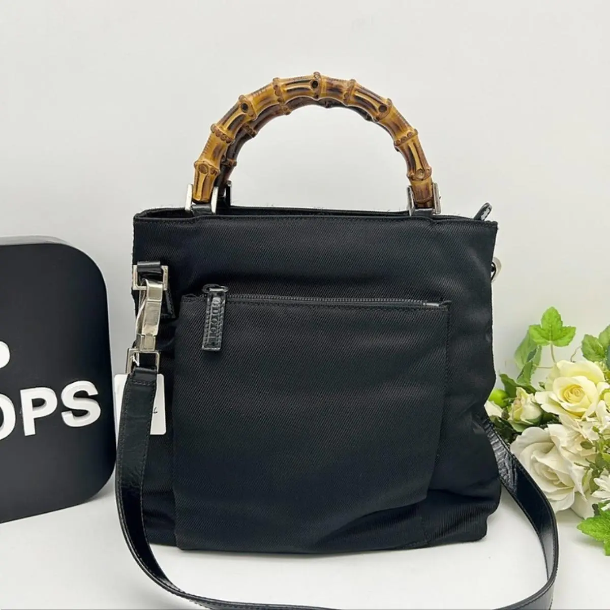 Pre-owned GUCCI As Shown Shoulder Bags Bamboo Handle Nylon 2way Shoulder Bag AI836