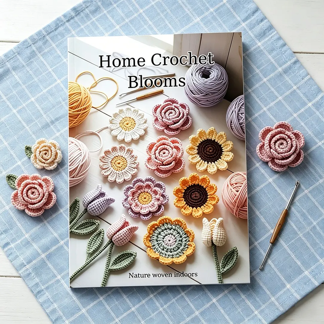 Crochet Pattern Notebook, Home Crochet Floral Tutorial Book, 14x21 Cm, Indoor Floristry Guide, Step-By-Step Photos, Beginner Friendly, Home Crochet Blooms, Crochet Flowers