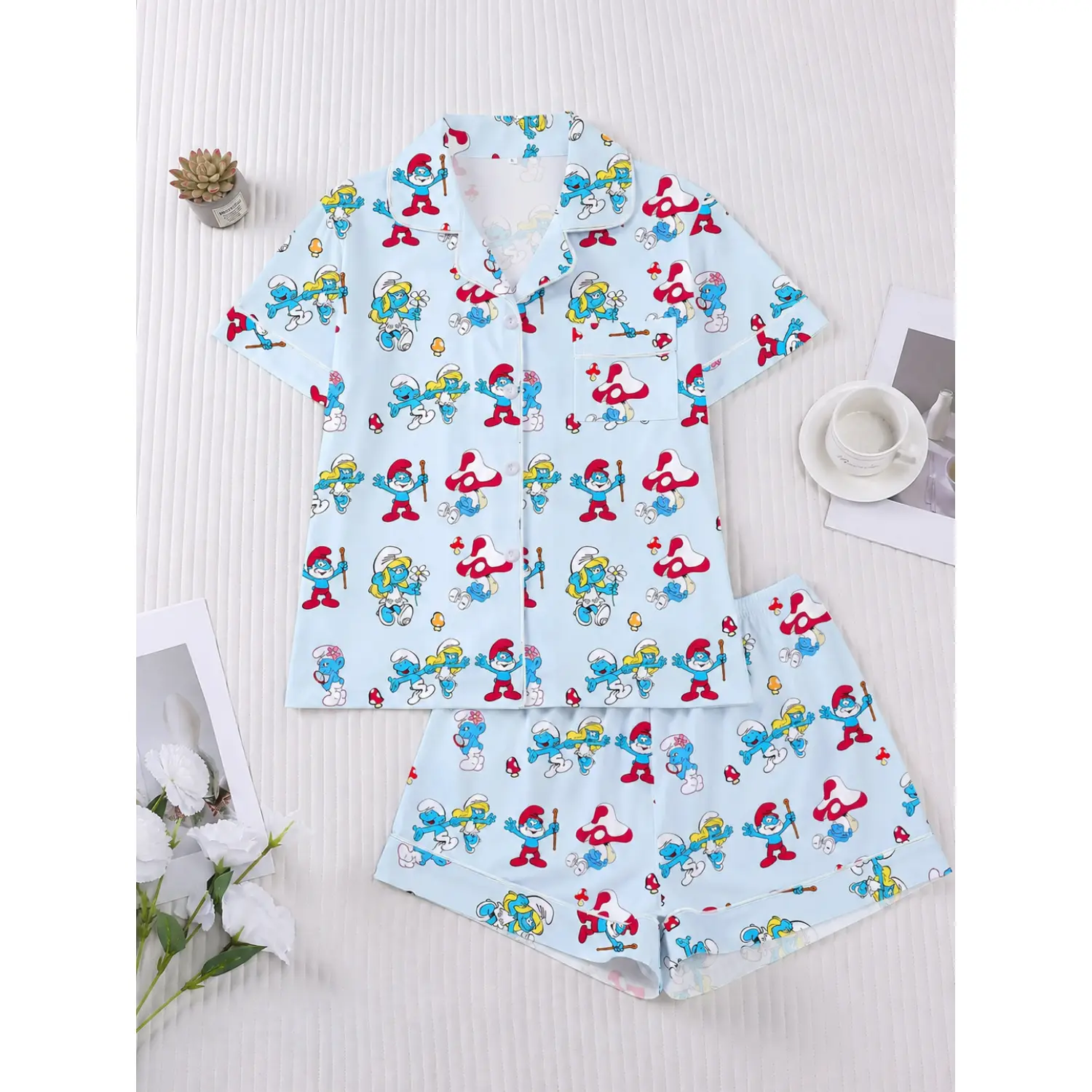 Festive Women's Elf Print Sleepwear Set - 2-Piece Cartoon Pajama with Short Sleeve Button-Up Top and Elastic Waist Shorts - Cozy and Casual Home Loungewear